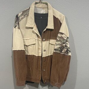 Vintage-Inspired Patchwork Corduroy & Canvas Jacket - Brown/Cream/Camo